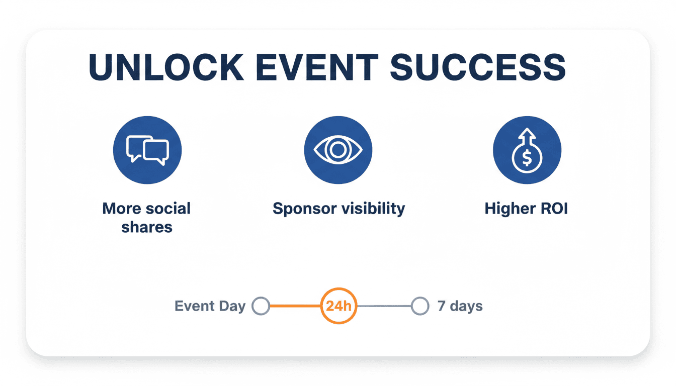 Infographic explaining why fast conference photo delivery increases social shares and sponsor visibility
